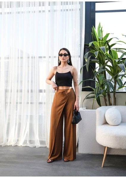 Mottisfashion Keten Önü Çapraz Parçali Lasti̇kli̇ ve Bağcikli Geni̇ş Paça Pantolon