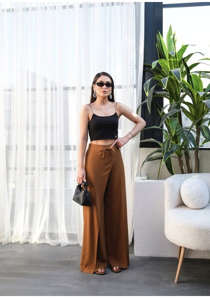 Mottisfashion Keten Önü Çapraz Parçali Lasti̇kli̇ ve Bağcikli Geni̇ş Paça Pantolon fırsatları