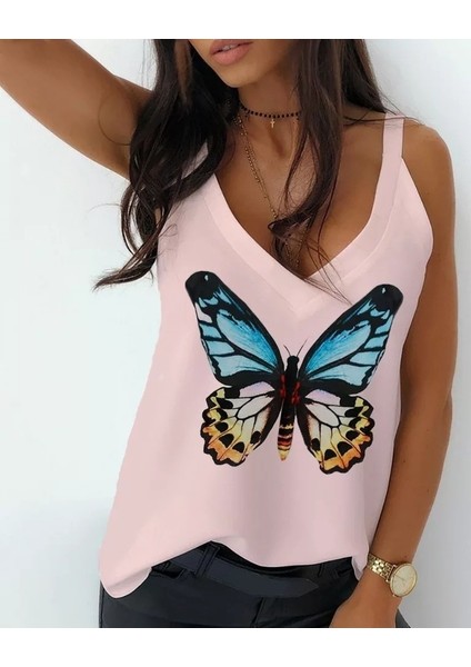 Mottisfashion Kadın Kelebek Baskılı Sandy Kumaş Askılı Bluz