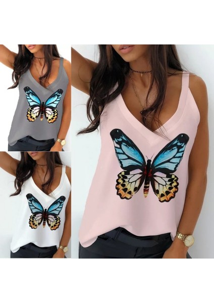 Mottisfashion Kadın Kelebek Baskılı Sandy Kumaş Askılı Bluz modelleri