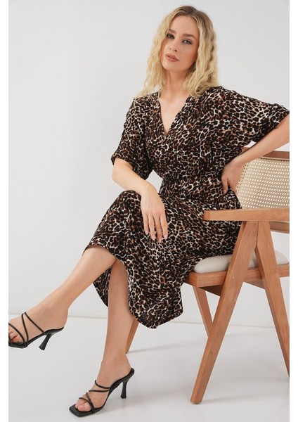 Mottisfashion Desenli Kısa Kol Elbise 2569 - C. Kahverengi modelleri