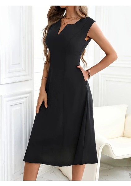 Mottisfashion Kadın Kolsuz V Yakalı Midi Ithal Krep Elbise