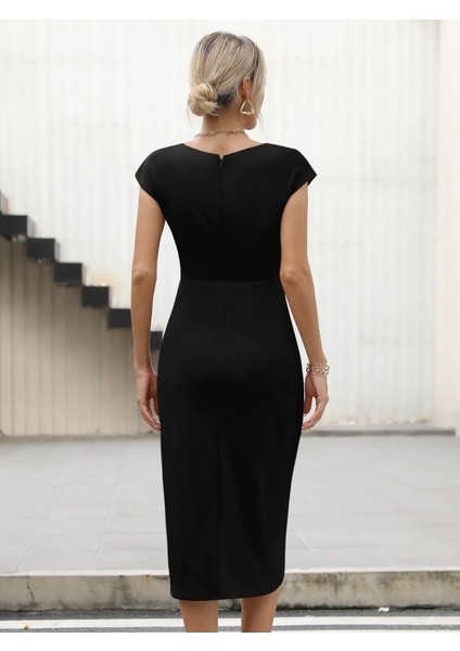Mottisfashion Kadın Yarım Ay Kollu Bisiklet Yaka Yandan Drapeli Ithal Krep Elbise modelleri