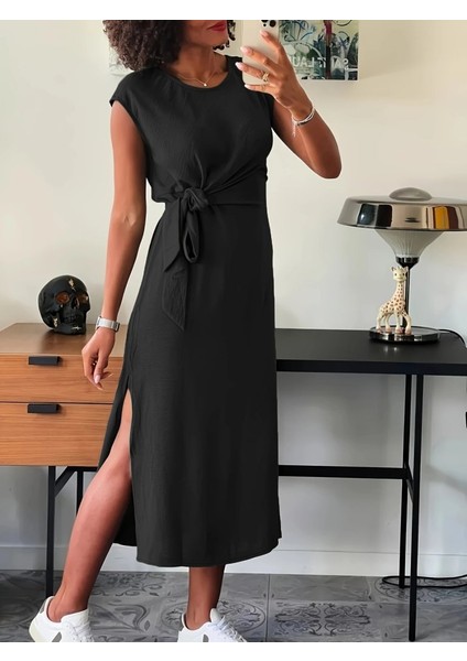 Mottisfashion Kadın Kısa Kollu Yuvarlak Yaka Belden Bağcıklı Önden Yırtmaçlı Aerobin Elbise