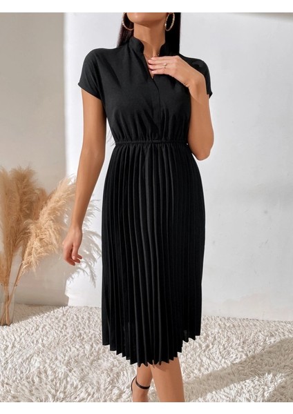 Mottisfashion Kadın Kısa Kollu Hakim V Yakalı Pileli Janjan Krep Elbise fiyatları