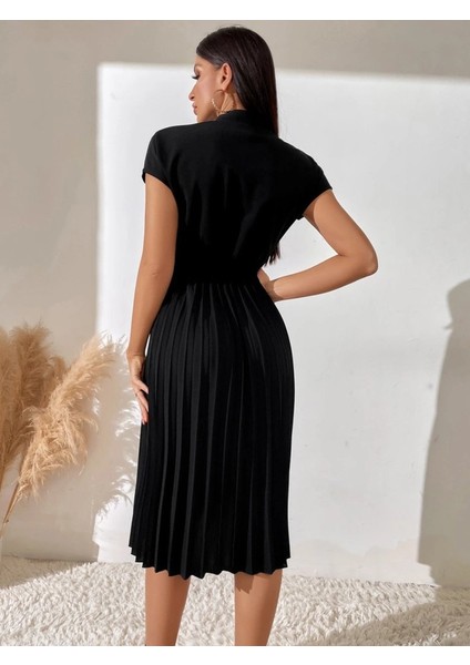 Mottisfashion Kadın Kısa Kollu Hakim V Yakalı Pileli Janjan Krep Elbise modelleri