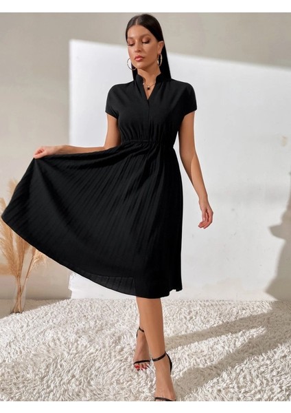 Mottisfashion Kadın Kısa Kollu Hakim V Yakalı Pileli Janjan Krep Elbise fırsatları