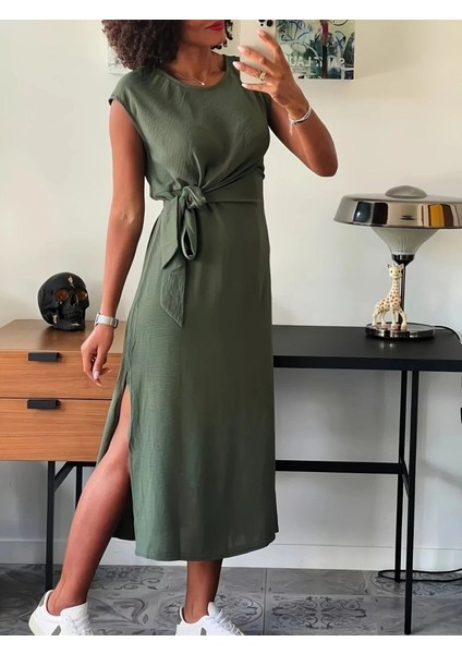 Mottisfashion Kadın Kısa Kollu Yuvarlak Yaka Belden Bağcıklı Önden Yırtmaçlı Aerobin Elbise