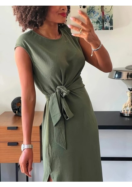 Mottisfashion Kadın Kısa Kollu Yuvarlak Yaka Belden Bağcıklı Önden Yırtmaçlı Aerobin Elbise fiyatları