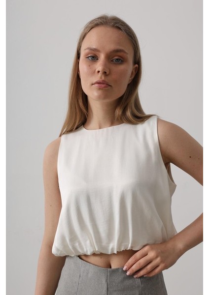 Mottisfashion Saten Kolsuz Belki Lastikli Bluz - Ekru fırsatları