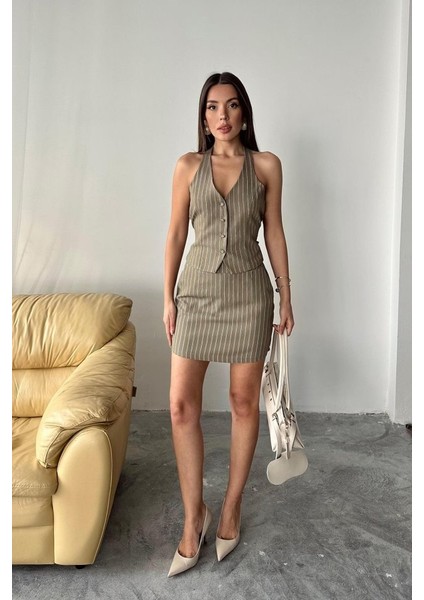 Mottisfashion Haki Çizgili Yelek ve Etek Takım