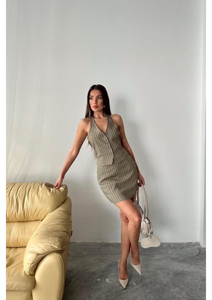 Mottisfashion Haki Çizgili Yelek ve Etek Takım fiyatları