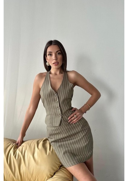 Mottisfashion Haki Çizgili Yelek ve Etek Takım fırsatları