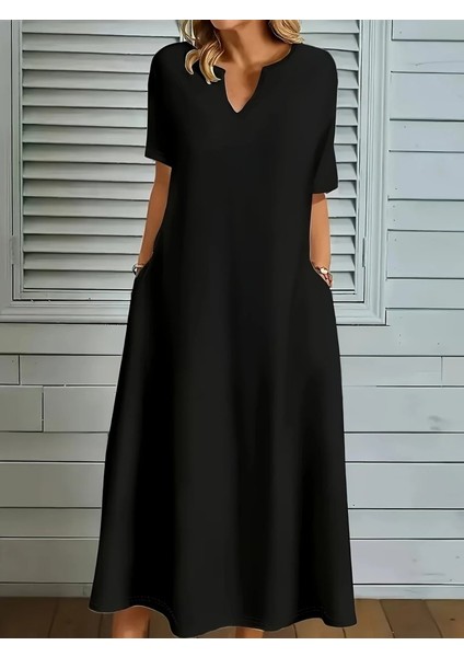 Mottisfashion Kadın Kısa Kollu V Yakalı Cep Detaylı Uzun Janjan Krep Elbise