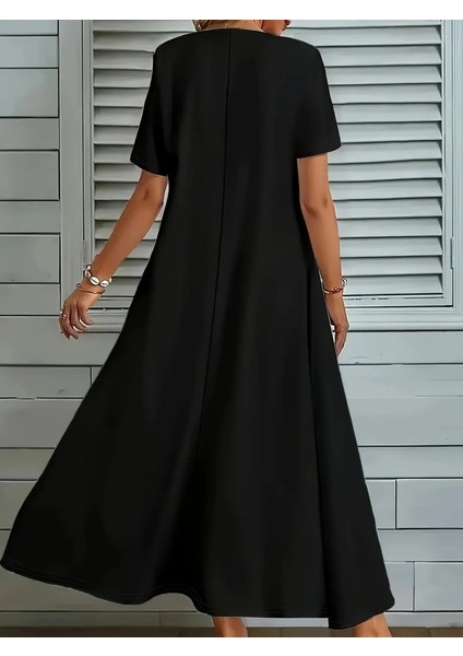 Mottisfashion Kadın Kısa Kollu V Yakalı Cep Detaylı Uzun Janjan Krep Elbise fiyatları