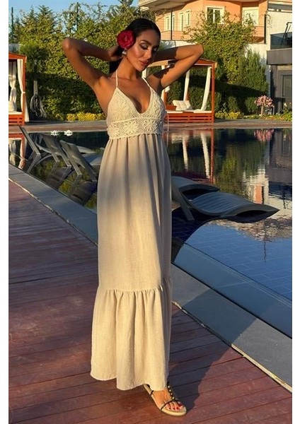 Mottisfashion Göğsü Trikolu Keten Uzun Elbise 2904-08 modelleri