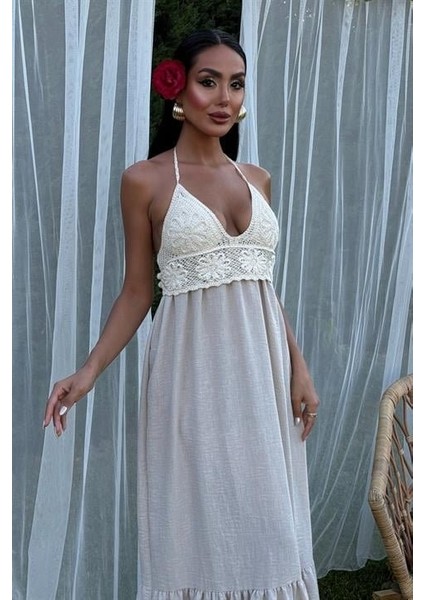 Mottisfashion Göğsü Trikolu Keten Uzun Elbise 2904-08