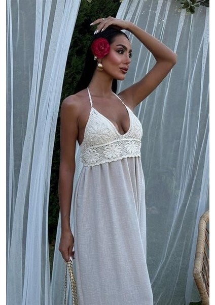 Mottisfashion Göğsü Trikolu Keten Uzun Elbise 2904-08