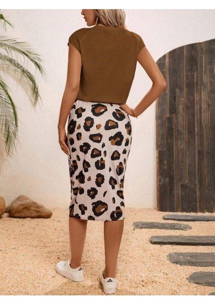 Mottisfashion Kadın Kısa Kollu Bisiklet Yaka Viskon Bluz Desenli Dalgıç Etek Ikili Takım fırsatları