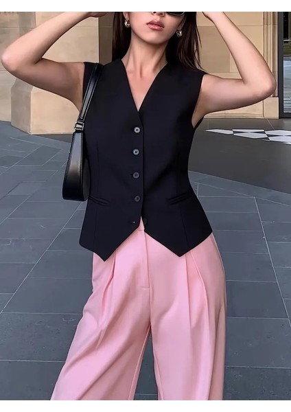 Mottisfashion Kadın Sıfır Kollu Önden Düğmeli Atlas Yelek