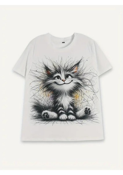 Mottisfashion Kadın Kısa Kollu Bisiklet Yaka Kedi Baskılı Süprem Bluz modelleri
