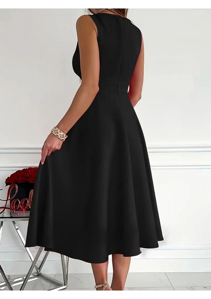 Mottisfashion Kadın Ithal Krep Kumaş Kruvaze Yaka Eteği Kloş Kolsuz Mini Elbise fiyatları