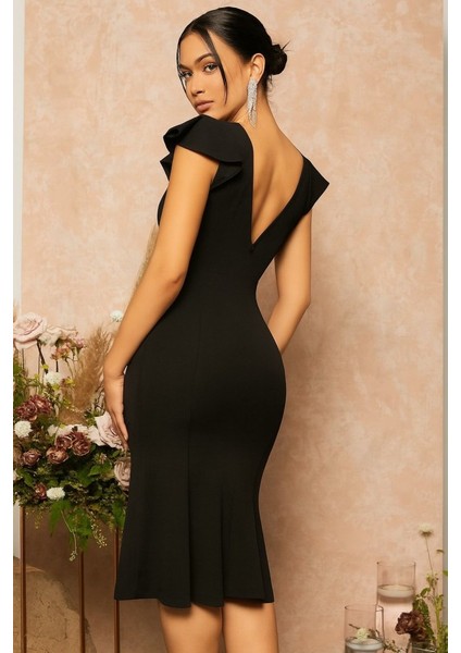 Mottisfashion Kadın Kısa Kelebek Kollu Kruvaze Yaka Ithal Krep Midi Elbise modelleri