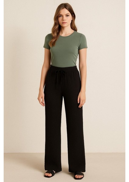 Mottisfashion Kadın Beli Lastikli Pol Paça Pantolon