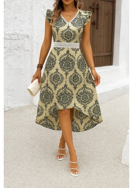 Mottisfashion Kadın Kısa Kollu V Yakalı Çiçek Desenli Önü Kısa Arkası Uzun Pegasus Elbise modelleri