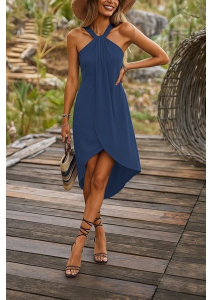 Mottisfashion Kadın Omuzlardan Açık Boyundan Geçmeli Asimetrik Kesim Detaylı Viskon Elbise modelleri