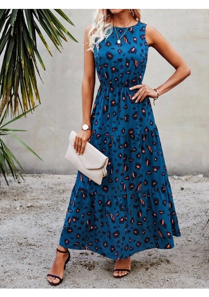 Mottisfashion Kadın Kolsuz Bisiklet Yaka Beli Lastikli Desenli Süprem Elbise
