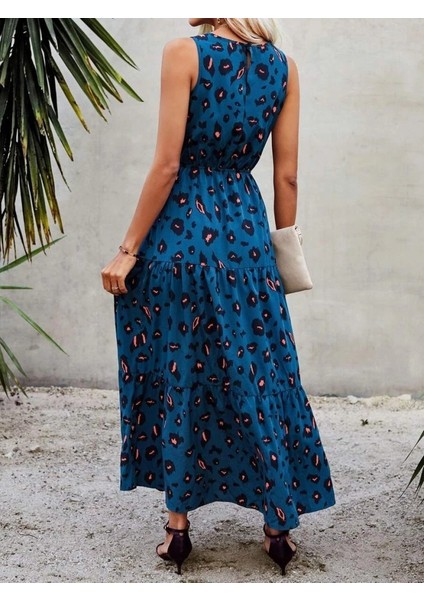 Mottisfashion Kadın Kolsuz Bisiklet Yaka Beli Lastikli Desenli Süprem Elbise fırsatları