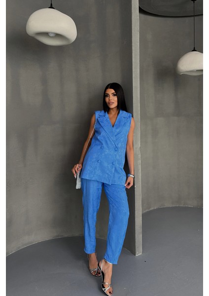Mottisfashion Jakar Kumaş Yelek - Pantolon Takım - Mavi