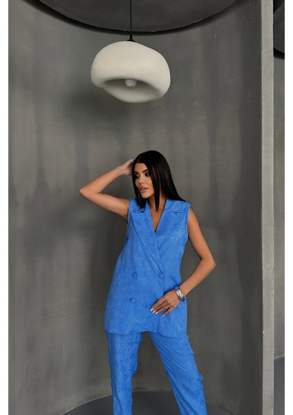 Mottisfashion Jakar Kumaş Yelek - Pantolon Takım - Mavi modelleri