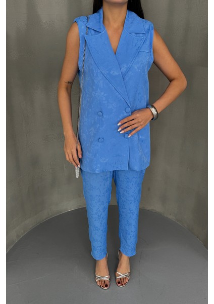 Mottisfashion Jakar Kumaş Yelek - Pantolon Takım - Mavi fırsatları