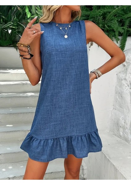 Mottisfashion Kadın Kolsuz Bisiklet Yaka Fırfırlı Sofya Elbise