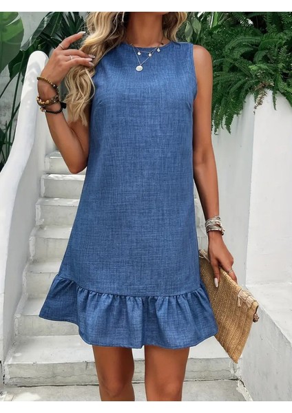 Mottisfashion Kadın Kolsuz Bisiklet Yaka Fırfırlı Sofya Elbise indirimleri