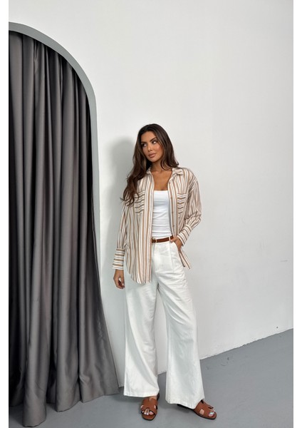 Mottisfashion Çizgili Gömlek - Bej