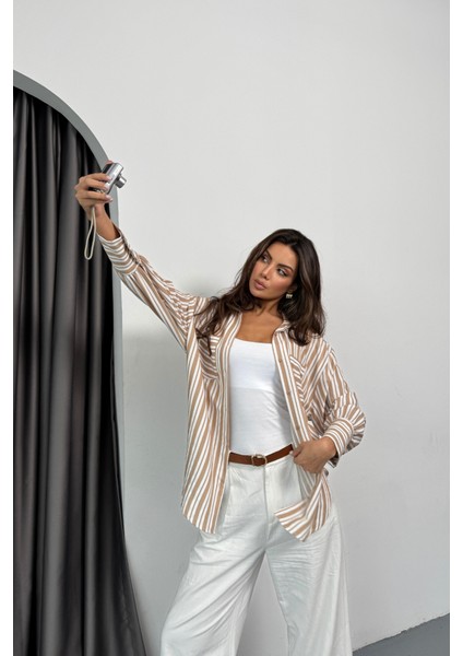 Mottisfashion Çizgili Gömlek - Bej fırsatları
