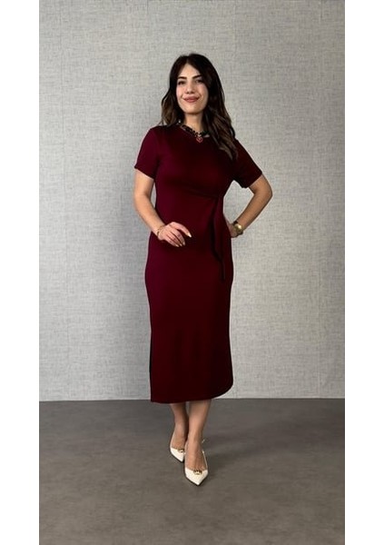 Mottisfashion Kadın Kısa Kollu Bisiklet Yaka Yandan Bağlamalı Viskon Iki Iplik Elbise