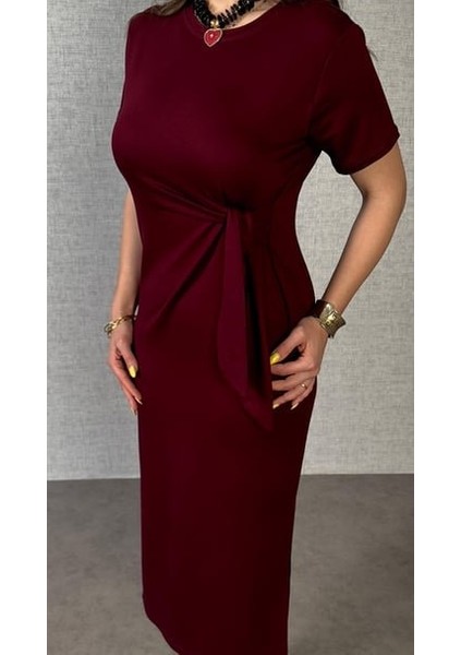 Mottisfashion Kadın Kısa Kollu Bisiklet Yaka Yandan Bağlamalı Viskon Iki Iplik Elbise fırsatları