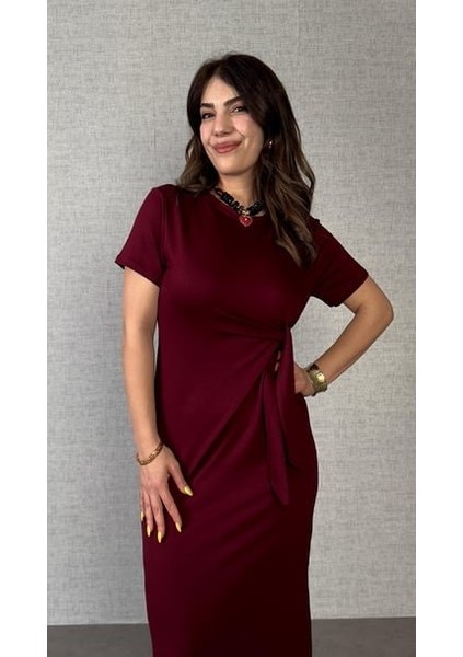 Mottisfashion Kadın Kısa Kollu Bisiklet Yaka Yandan Bağlamalı Viskon Iki Iplik Elbise indirimleri