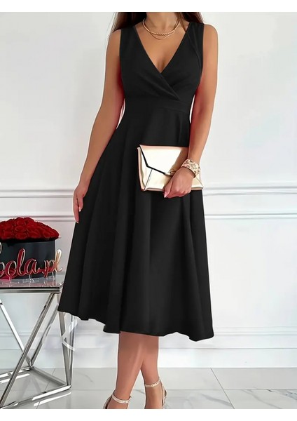 Mottisfashion Kadın Ithal Krep Kumaş Kruvaze Yaka Eteği Kloş Kolsuz Mini Elbise