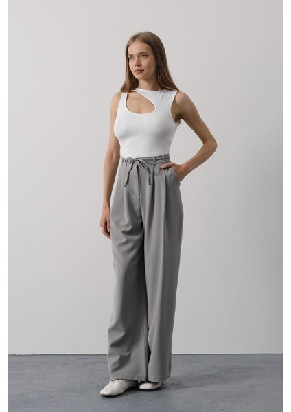 Mottisfashion Pileli Bağcıklı Oversize Pantolon - Gri