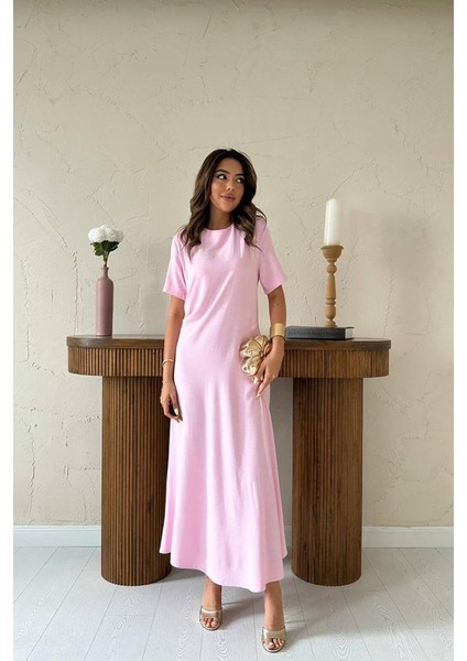 Mottisfashion Pudra Pileli Bisiklet Yaka Elbise