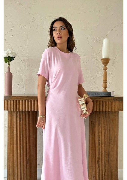 Mottisfashion Pudra Pileli Bisiklet Yaka Elbise modelleri