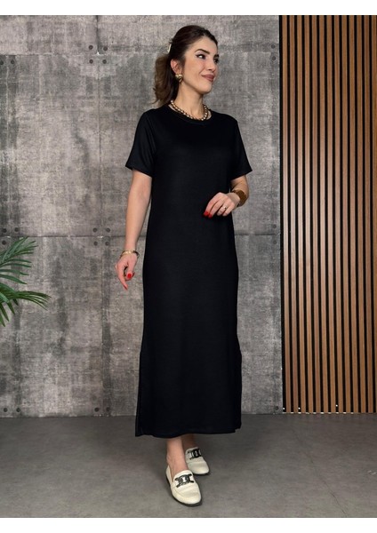 Mottisfashion Kadın Kısa Kollu Bisiklet Yaka Yırtmaçlı Viskon Iki Iplik Elbise