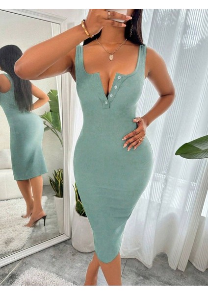 Mottisfashion Kadın Askılı Önü Düğmeli Midi Kaşkorse Elbise modelleri