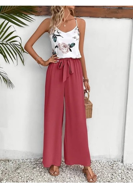 Mottisfashion Kadın Ip Askılı V Yakalı Süprem Bluz ve Aerobin Pantolon Ikili Takım