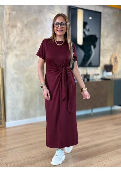 Mottisfashion Kadın Kısa Kollu Bisiklet Yaka Yandan Bağlamalı Viskon Iki Iplik Elbise